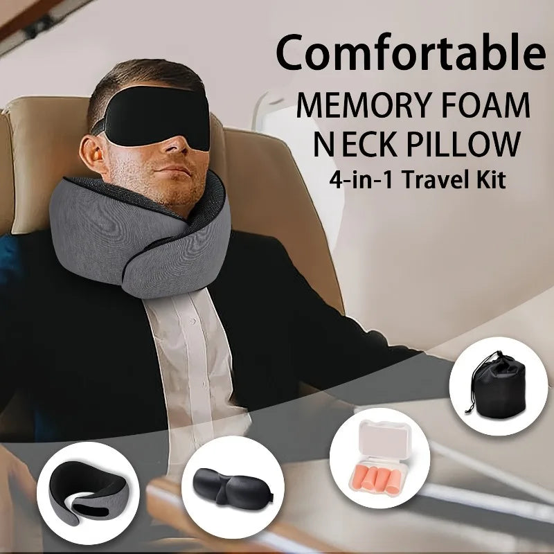 Memory Foam Travel Pillow – Foldable U-Shaped Neck Support Pillow for Airplane, Car & More